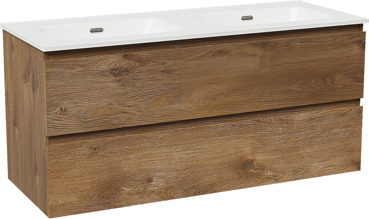 Linie Lado zwevend badmeubel 120 x 46 cm bruin eiken met Baro dubbele wastafel in porselein hoogglans wit