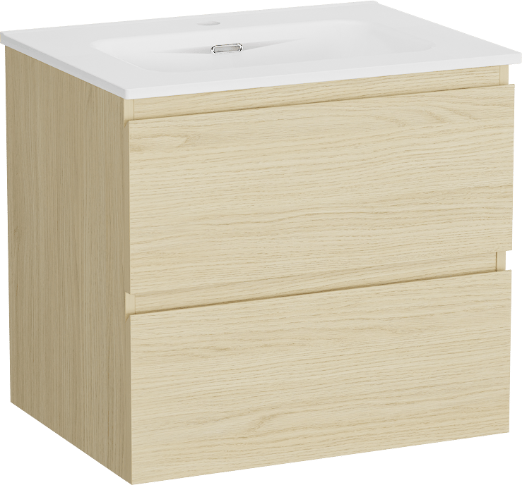 Linie Lado meuble salle de bains suspendu 60 x 46 cm chêne scandinave avec Baro plan simple en porcelaine blanc brillant