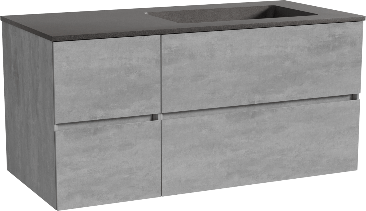 Storke Edge zwevend badmeubel 110 x 52 cm beton donkergrijs met Scuro asymmetrisch rechtse wastafel in kwarts mat zwart