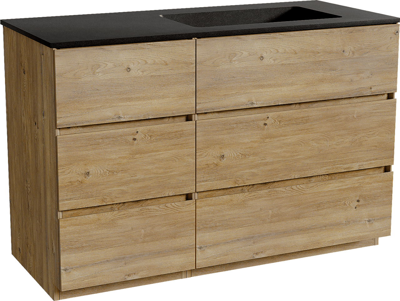 Storke Edge meuble salle de bains à poser 120 x 52 cm chêne brut avec Scuro plan vasque asymétrique à droite en quartz noir mat