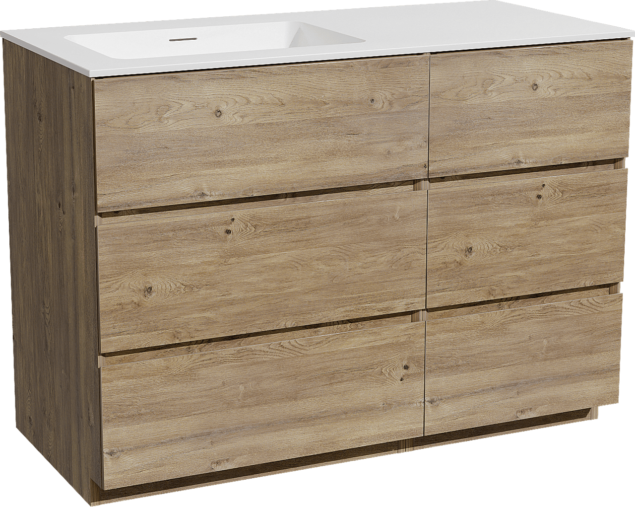 Storke Edge meuble salle de bains à poser 110 x 52 cm chêne brut avec Mata plan vasque asymétrique à gauche en solid surface blanc mat
