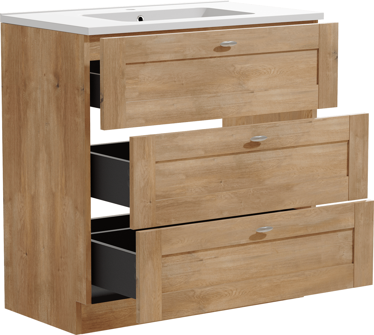 Linie Classo staand badkamermeubel 80 x 46 cm natuur eik met Vano enkele wastafel in composietmarmer mat wit