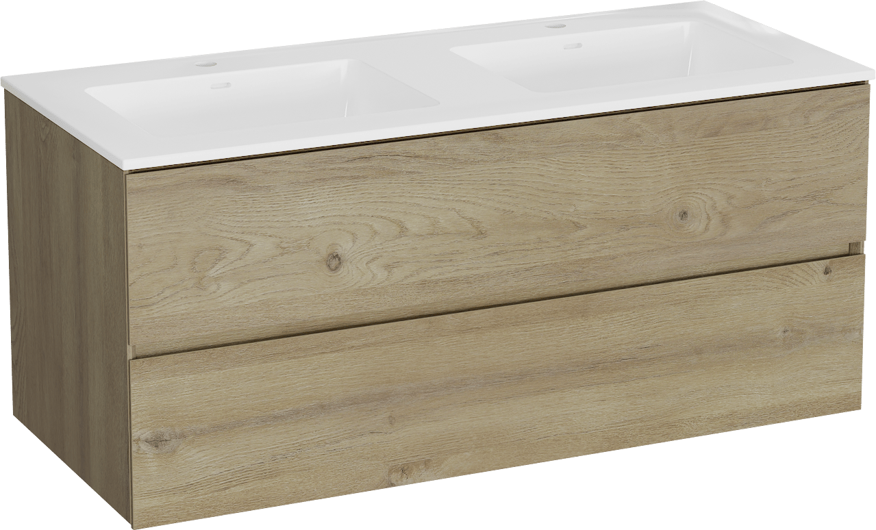 Storke Edge meuble salle de bains suspendu 120 x 52 cm chêne brut avec Bilia double vasque en marbre composite blanc brillant