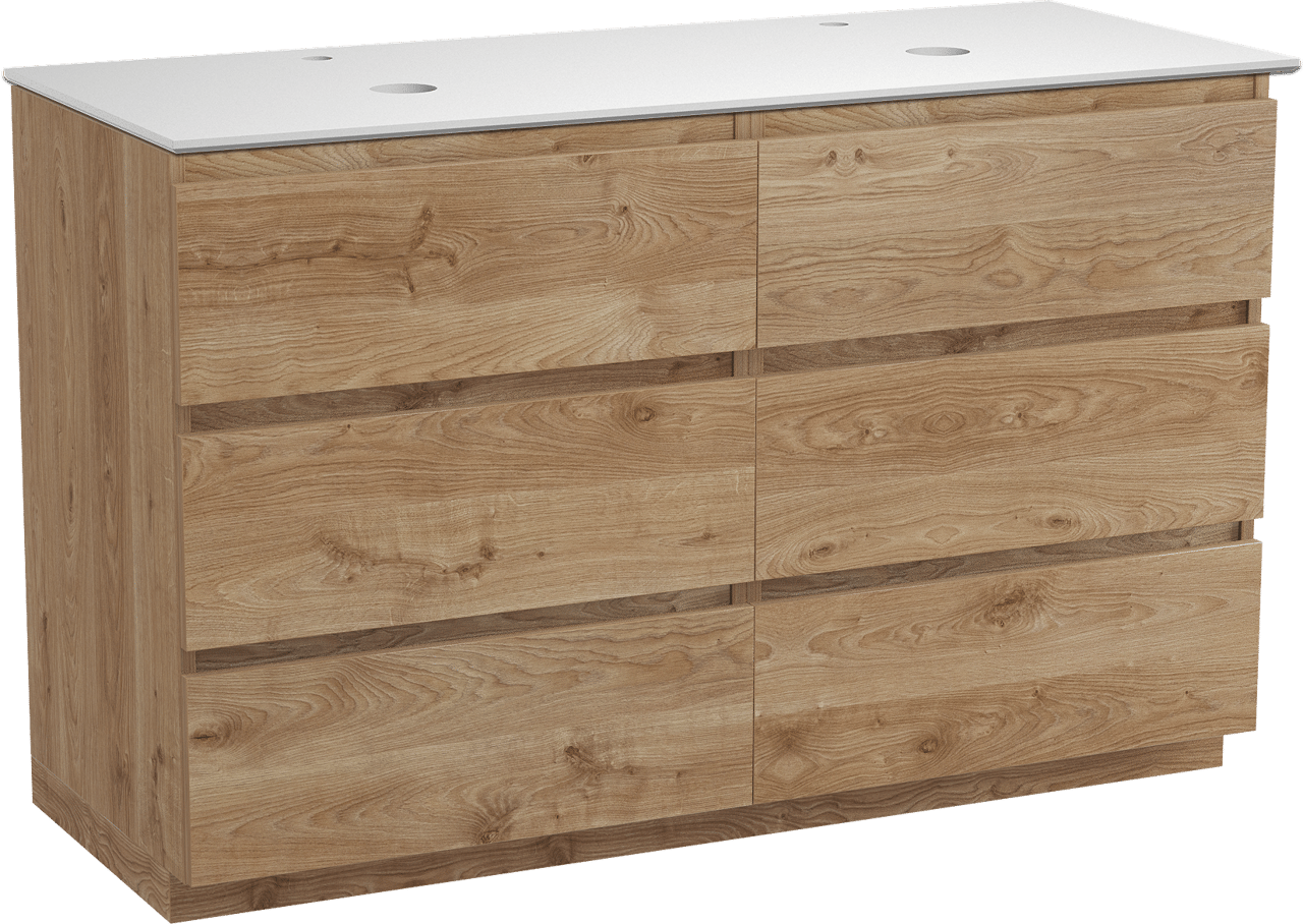 Balmani Lucida meuble salle de bains à poser 135 x 55 cm chêne brut avec Facetta tablette double en solid surface blanc mat