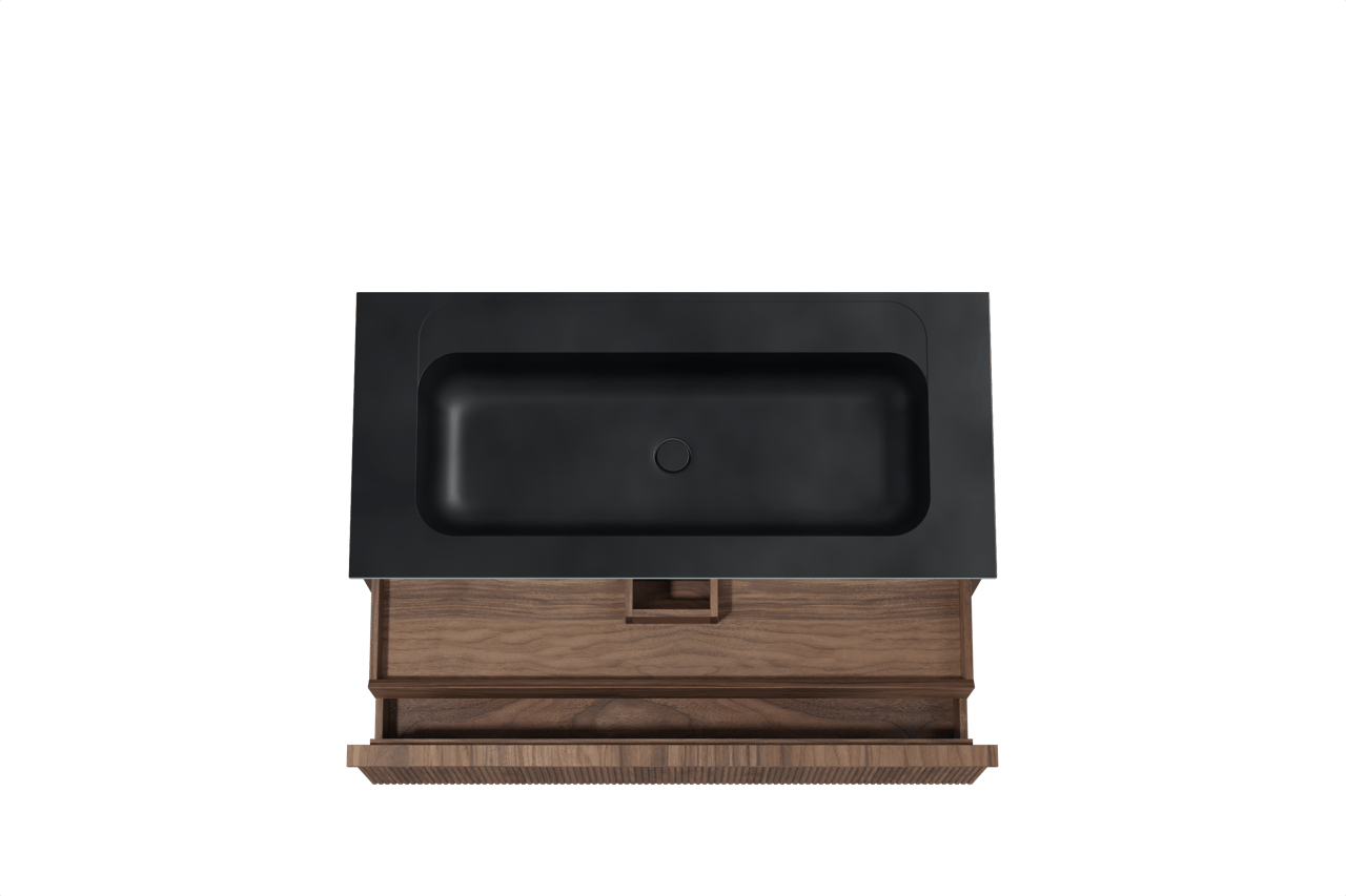 Balmani Forma meuble salle de bains suspendu 120 x 55 cm noyer américain avec Tablo Strada lavabo simple pour 2 trous de robinet en marbre composite noir mat, Nervure droite symétrique verticale