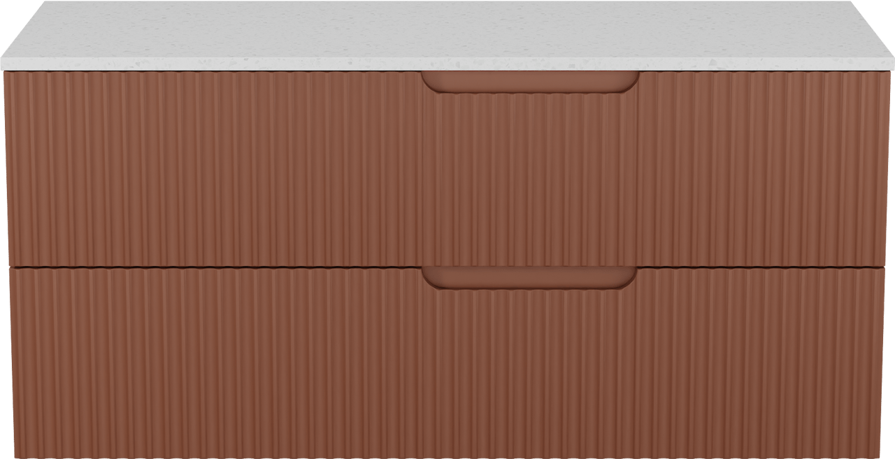 Linie Ribbo zwevend badkamermeubel 120 x 46 cm cotto met Lado enkel of dubbel tablet in melamine terrazzo wit, Verticale symmetrische ronde ribbel