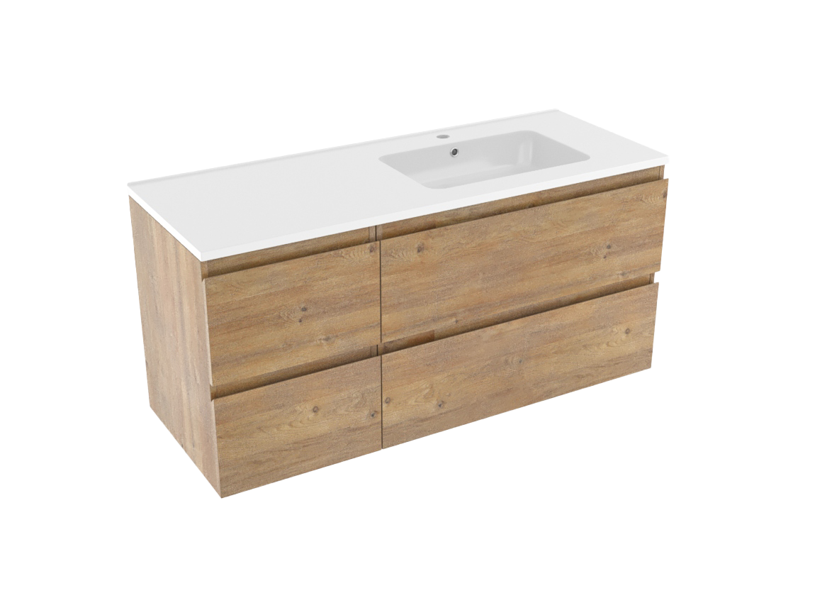 Linie Lado meuble salle de bains suspendu 120 x 46 cm chêne naturel avec Vano vasque asymétrique droite en marbre composite blanc brillant