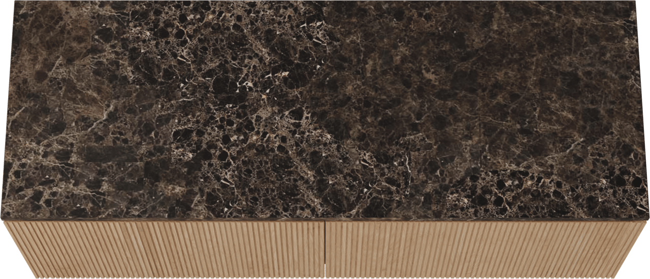 Balmani Eclips zwevend badmeubel 150 x 55 cm Natuur eiken met Stretto enkel of dubbel wastafelblad in Dark Emperador marmer, Verticale symmetrische rechte ribbel