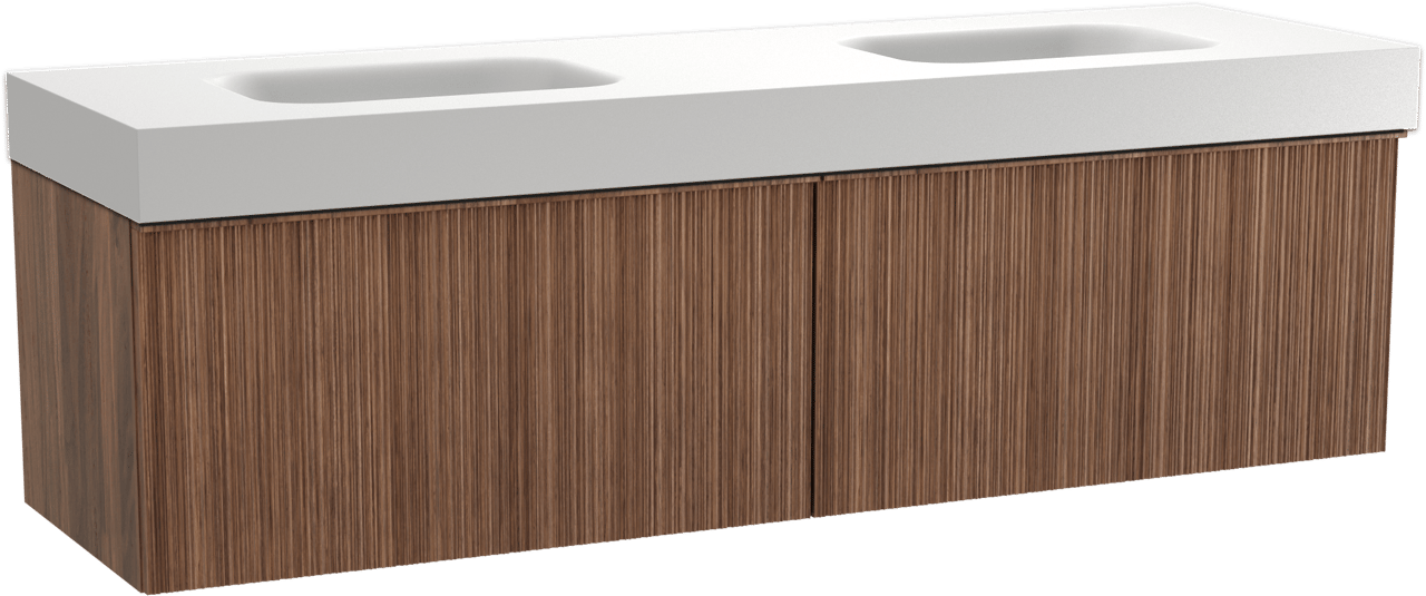 Balmani Forma hängendes Möbelstück Set: 180 x 55 cm, Amerikanischer Nussbaum, mit Arcato Doppelwaschtisch, Solid Surface, Weiß matt, Vertikale asymmetrische Runde Rippe