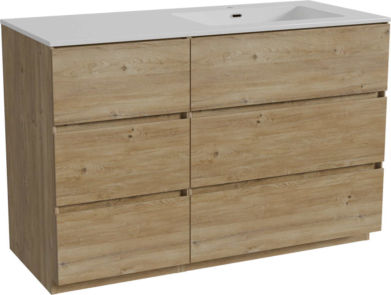 Storke Edge meuble salle de bains à poser 120 x 52 cm chêne brut avec Diva plan vasque asymétrique à droite en marbre composite blanc brillant