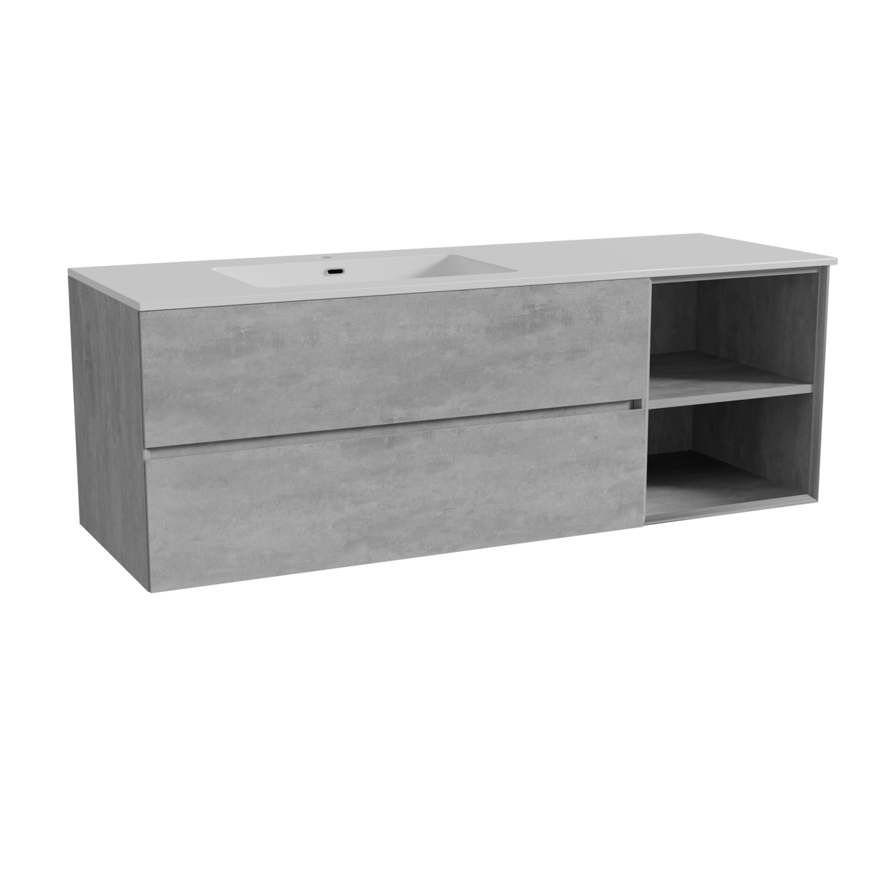 Storke Edge meuble salle de bains suspendu 150 x 52 cm béton gris foncé avec Diva plan vasque asymétrique à gauche en marbre composite blanc brillant
