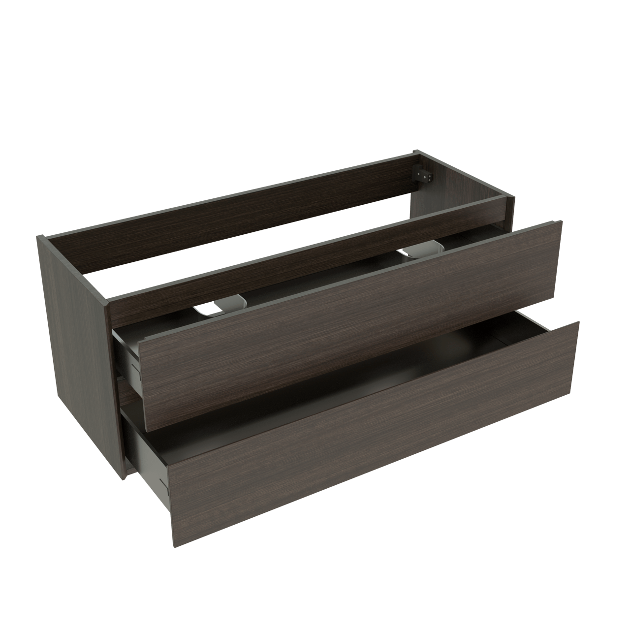 Storke Edge zwevende wastafelonderkast 120 x 46 cm donkere eiken 2 lades 2 sifonuitsparingen