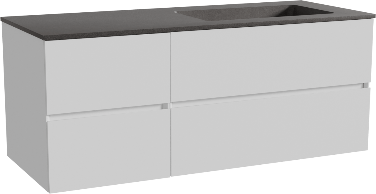 Storke Edge zwevend badmeubel 130 x 52 cm mat wit met Scuro asymmetrisch rechtse wastafel in kwarts mat zwart
