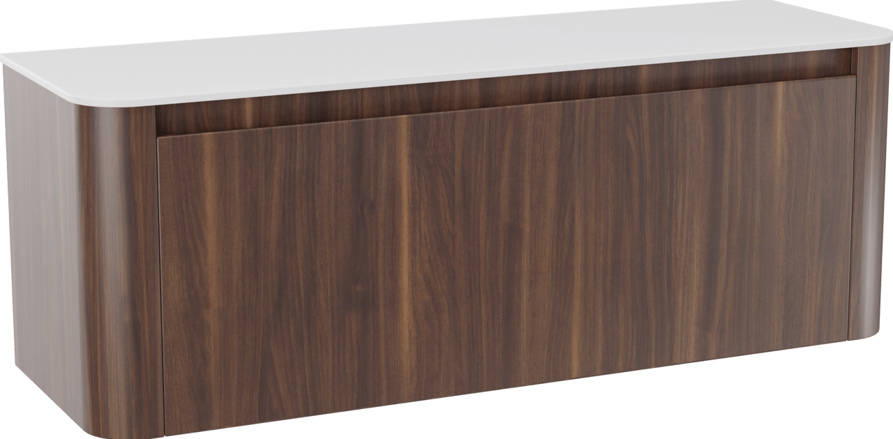 Storke Soft zwevend badmeubel 140 x 46 cm notenhout met Tavola Soft enkel of dubbel wastafelblad in solid surface mat wit