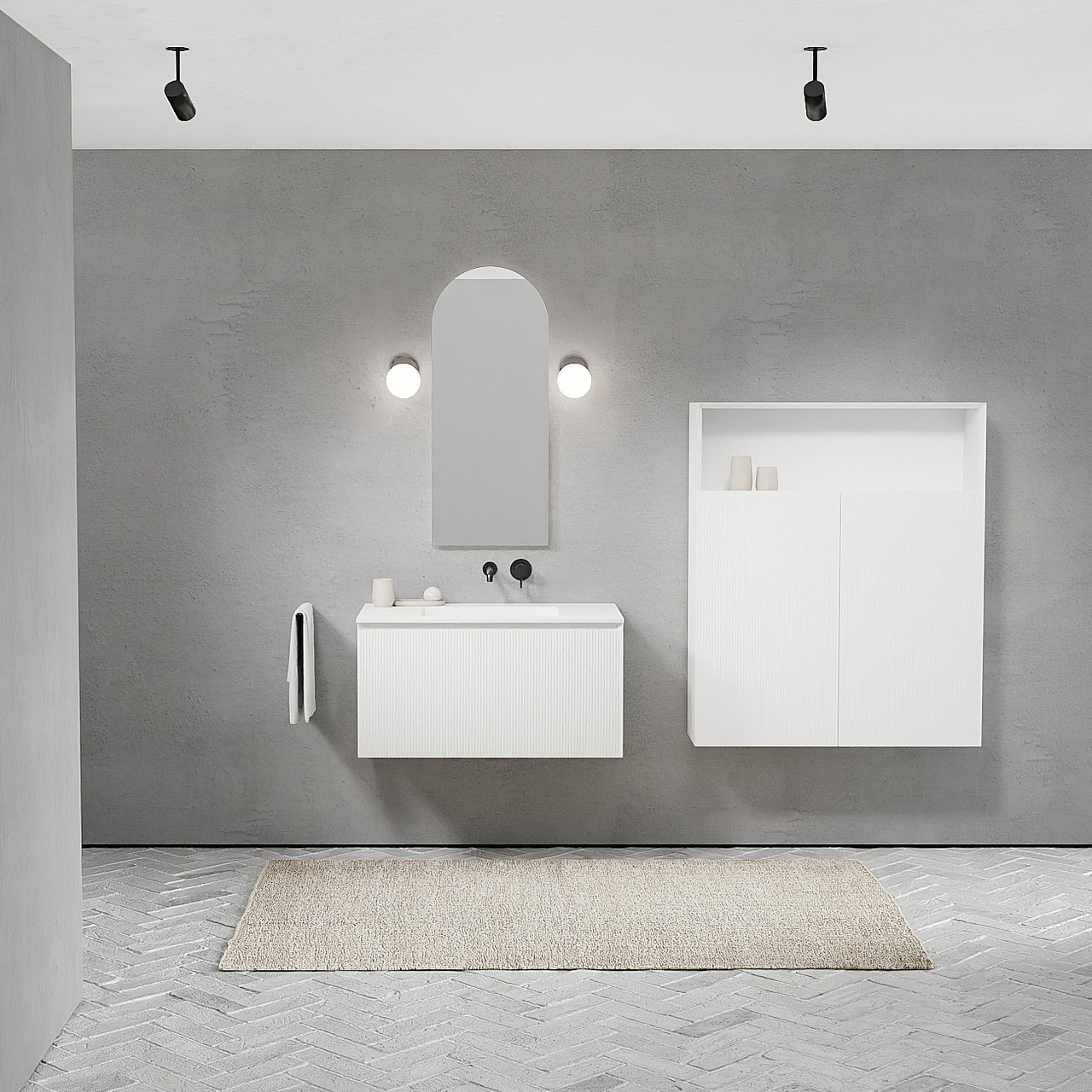 Balmani Fila by Mitra zwevend badmeubel 90 x 55 cm mat wit met Tablo Arcato enkele wastafel in solid surface mat wit, Verticale symmetrische rechte ribbel