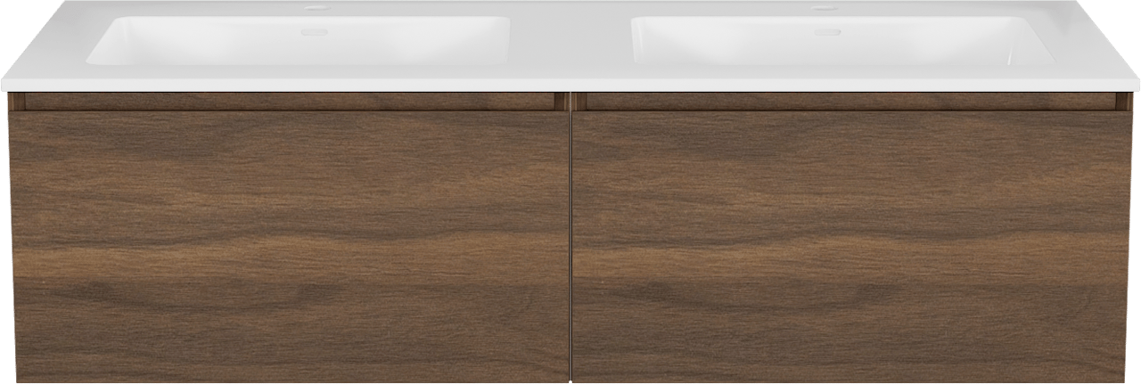 Storke Edge meuble salle de bains suspendu 130 x 52 cm noyer avec Bilia double vasque en marbre composite blanc brillant