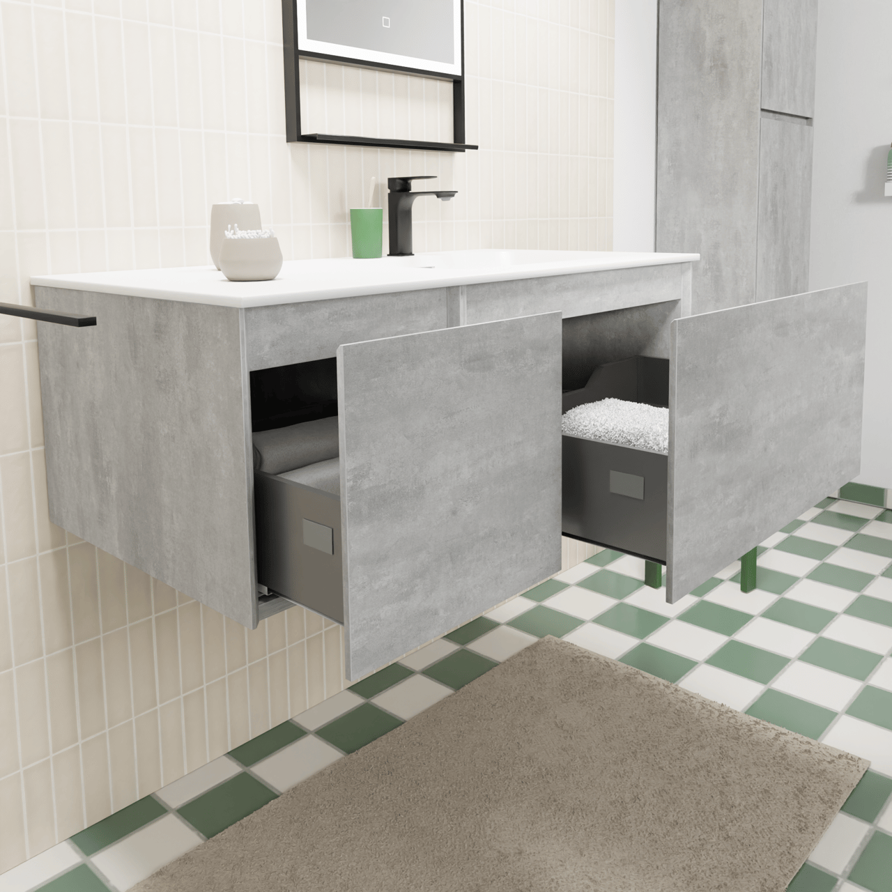 Storke Edge zwevend badmeubel 100 x 52 cm beton donkergrijs met Mata asymmetrisch rechtse wastafel in solid surface mat wit