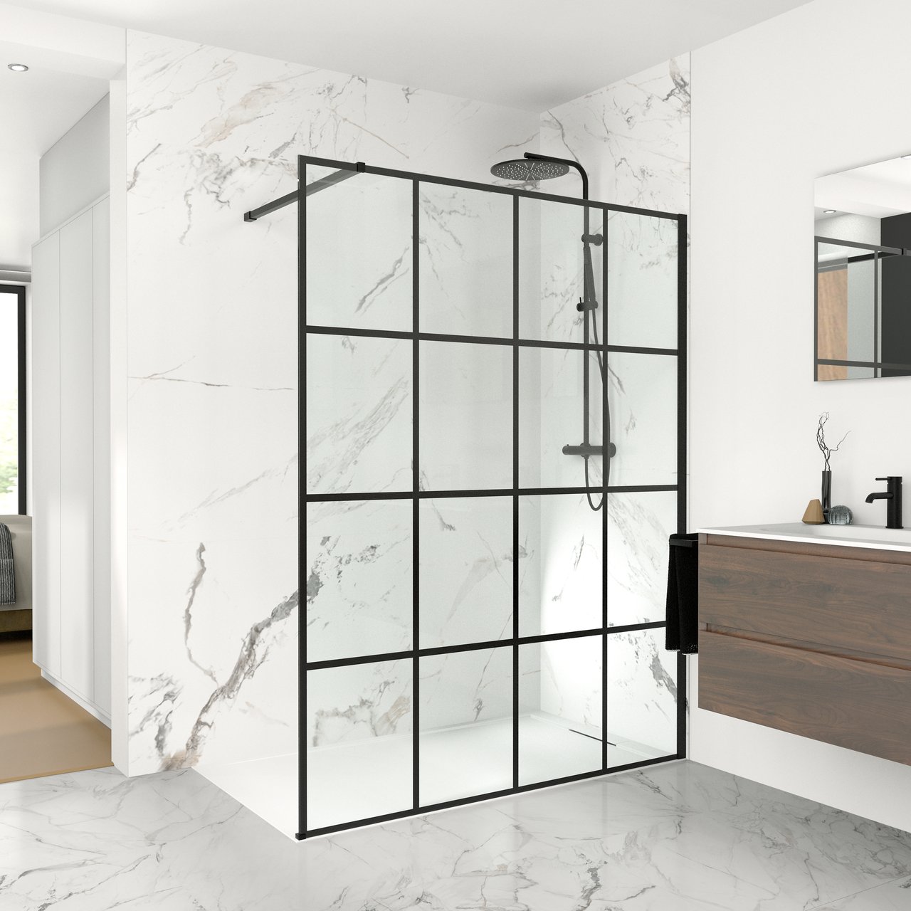 Balmani Modular douche à l'italienne 90 x 200 cm verre grid profil noir mat