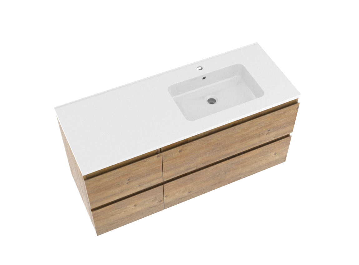 Linie Lado meuble salle de bains suspendu 120 x 46 cm chêne naturel avec Vano vasque asymétrique droite en marbre composite blanc brillant