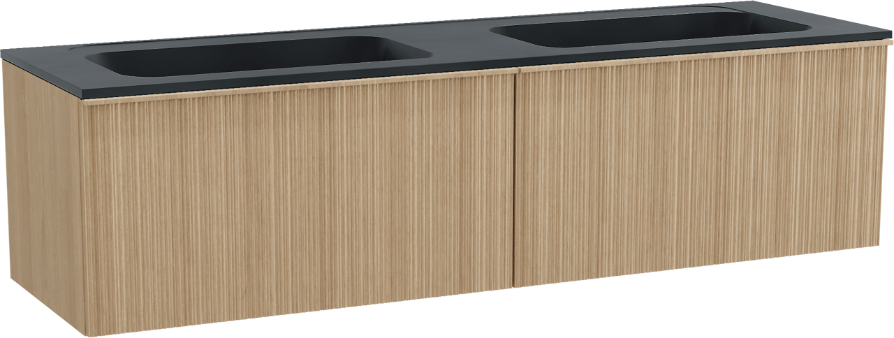 Balmani Forma zwevend badkamermeubel 180 x 55 cm natuur eik met Tablo Strada dubbele wastafel in composietmarmer mat zwart, Verticale asymmetrische ronde ribbel