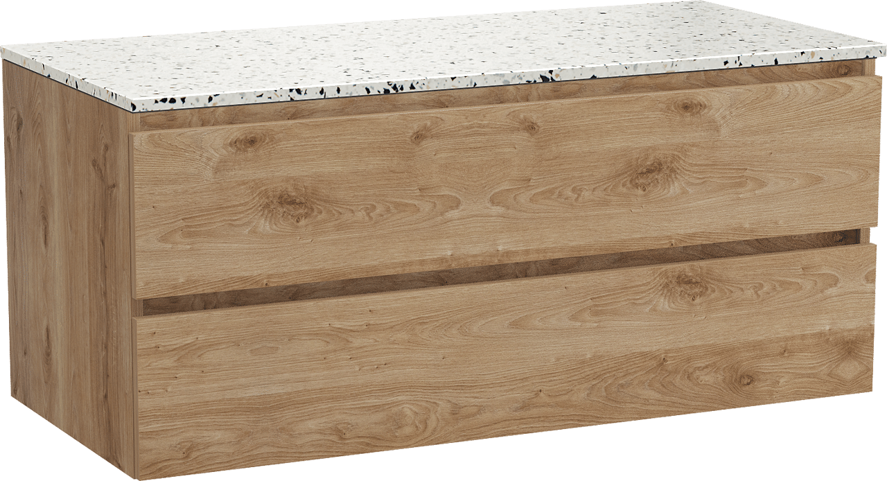 Balmani Lucida meuble salle de bains suspendu 120 x 55 cm chêne brut avec Stretto tablette simple ou double en blanc/noir mat terrazzo