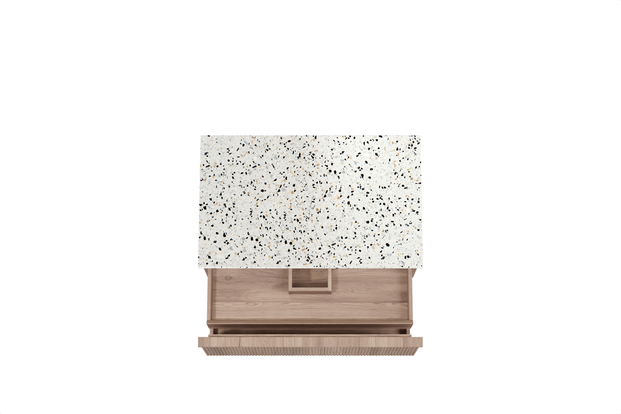 Balmani Forma hängendes Möbelstück Set: 90 x 55 cm, Teak, mit Stretto Einzel Waschtischplatte, Terrazzo in Weiß/Schwarz matt, Vertikale symmetrische gerade Rippe