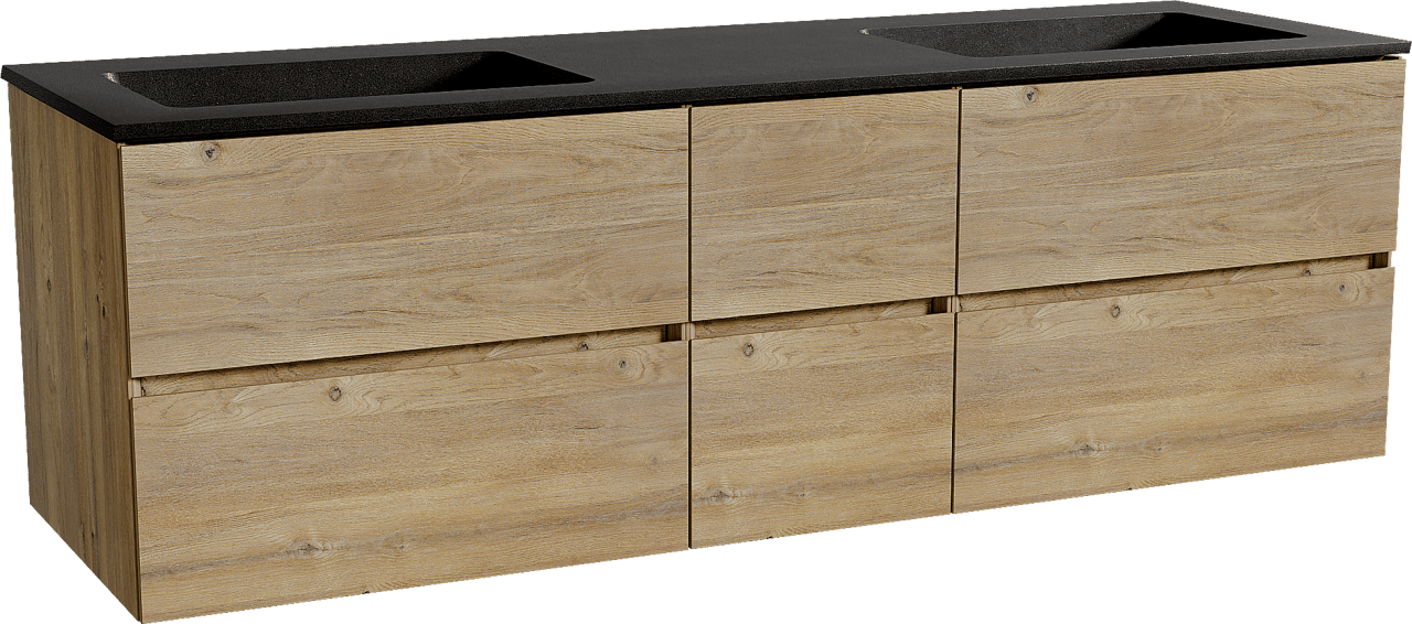 Storke Edge zwevend badmeubel 165 x 52 cm ruw eiken met Scuro dubbele wastafel in kwarts mat zwart