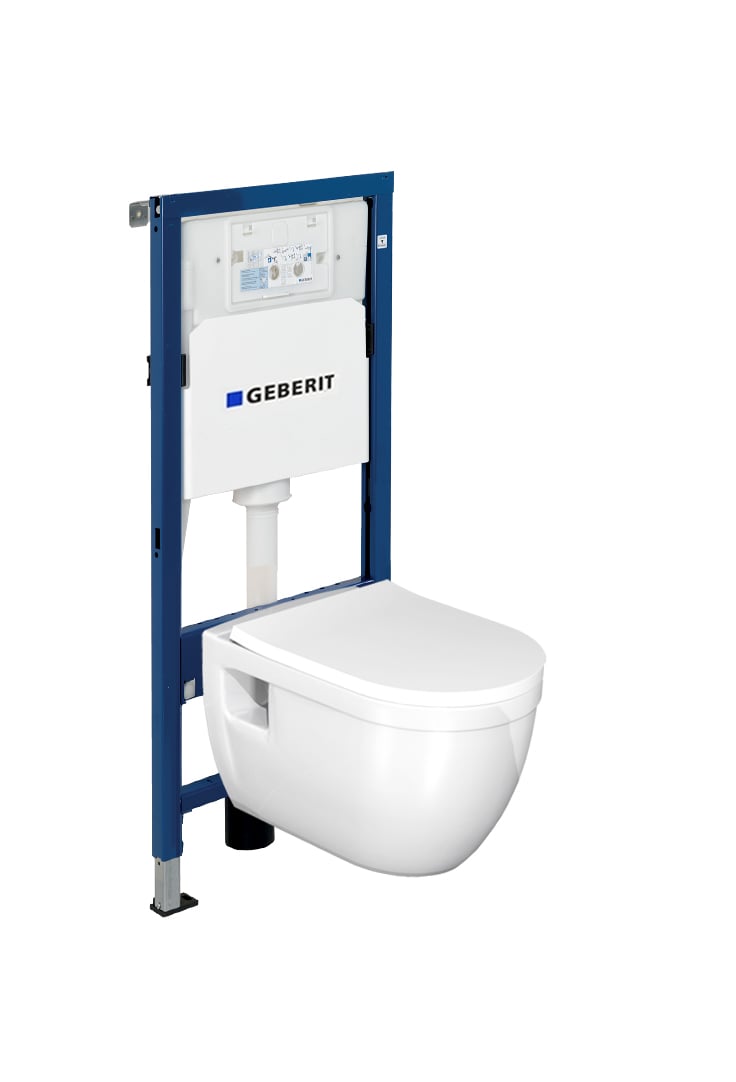 Linie Tempo hangtoilet en luxe wc-bril glanzend wit randloos met Geberit Duofix inbouwreservoir