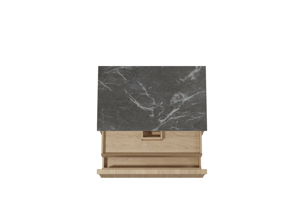 Balmani Forma hängendes Möbelstück Set: 90 x 55 cm, Naturbelassene Eiche, mit Stretto Einzel Waschtischplatte, Marmor, Pietra Grey, Vertikale symmetrische gerade Rippe