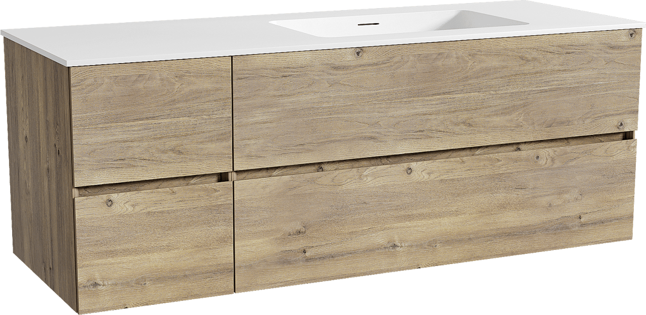 Storke Edge zwevend badkamermeubel 140 x 52 cm ruwe eik met Mata asymmetrisch rechtse wastafel in solid surface mat wit