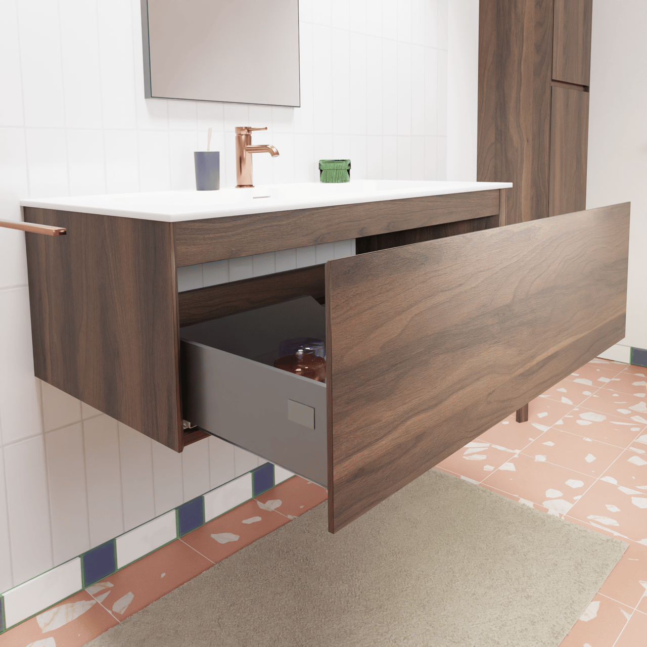 Storke Edge zwevend badkamermeubel 105 x 52 cm notelaar met Mata enkele wastafel voor 2 kraangaten in solid surface mat wit