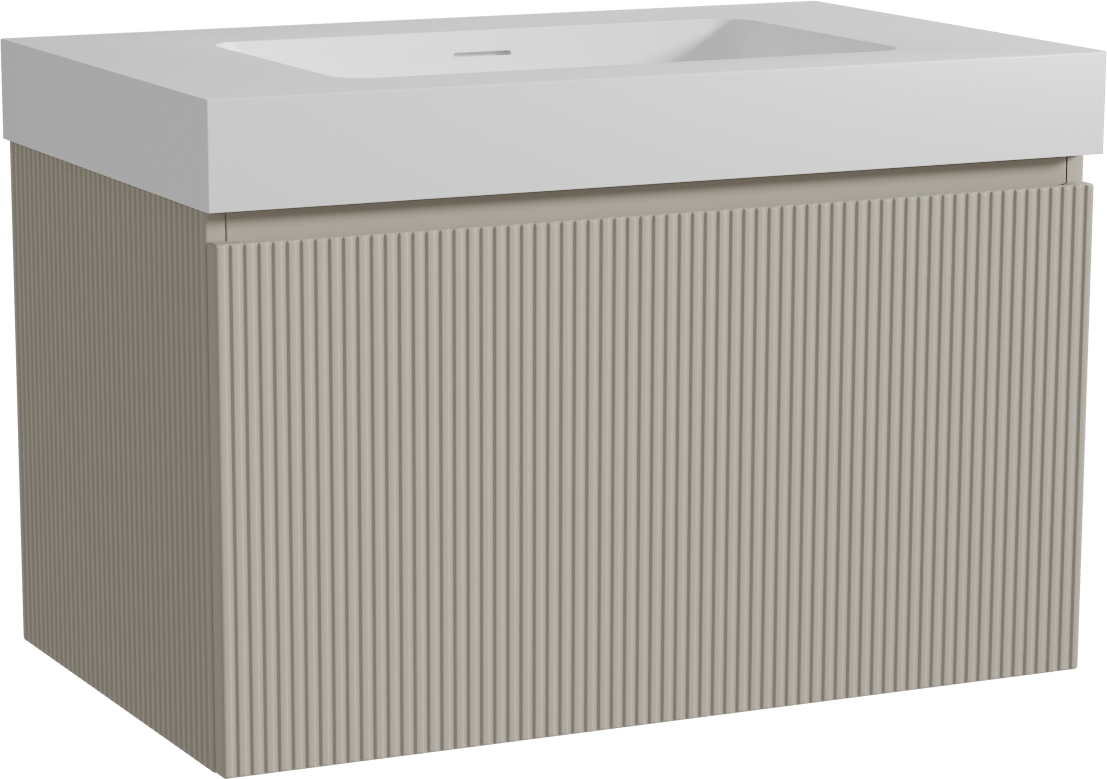 Storke Ribs zwevend badmeubel 85 x 52 cm zijdegrijs met Mata High enkele wastafel in solid surface mat wit, Verticale symmetrische rechte ribbel