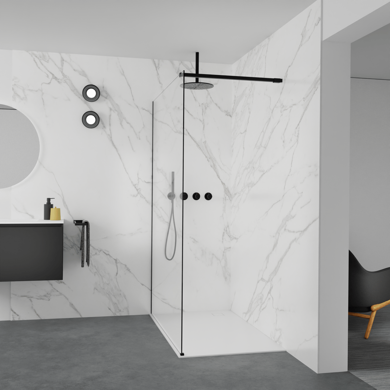 Balmani Modular inloopdouche: 140 x 200 cm, Helder glas met coating, Mat zwarte profielen