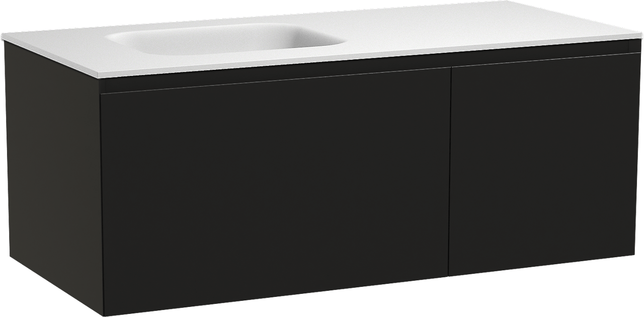 Balmani Idra by Mitra meuble salle de bains suspendu 120 x 55 cm noir mat avec Tablo Arcato vasque asymétrique gauche en solid surface blanc mat