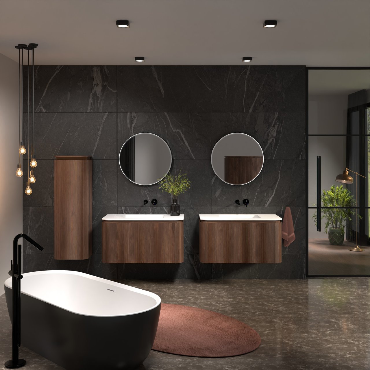 Balmani Moon meuble salle de bains suspendu 100 x 55 cm noyer américain avec Moon plan simple en solid surface blanc mat, Nervure droite symétrique verticale