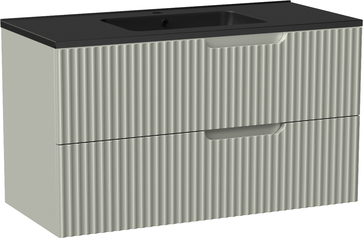 Linie Ribbo zwevend badmeubel 100 x 46 cm greige met Vano enkele wastafel in composietmarmer mat zwart, Verticale symmetrische ronde ribbel