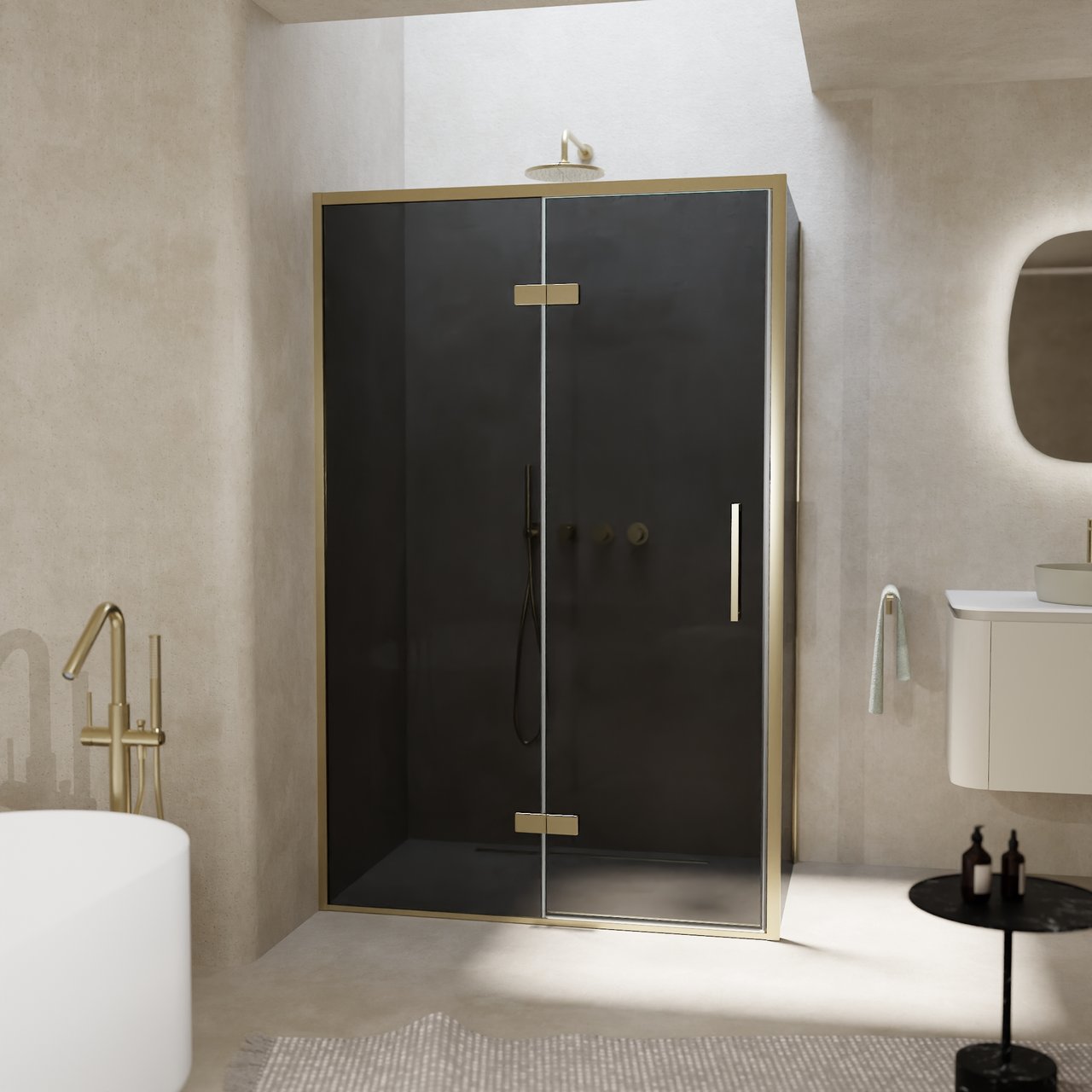 Balmani Senses Design douchehoek met linkse draaideur en vaste zijwand, 120 x 90 cm, Rookglas, Brushed Champagne Gold profielen, met coating