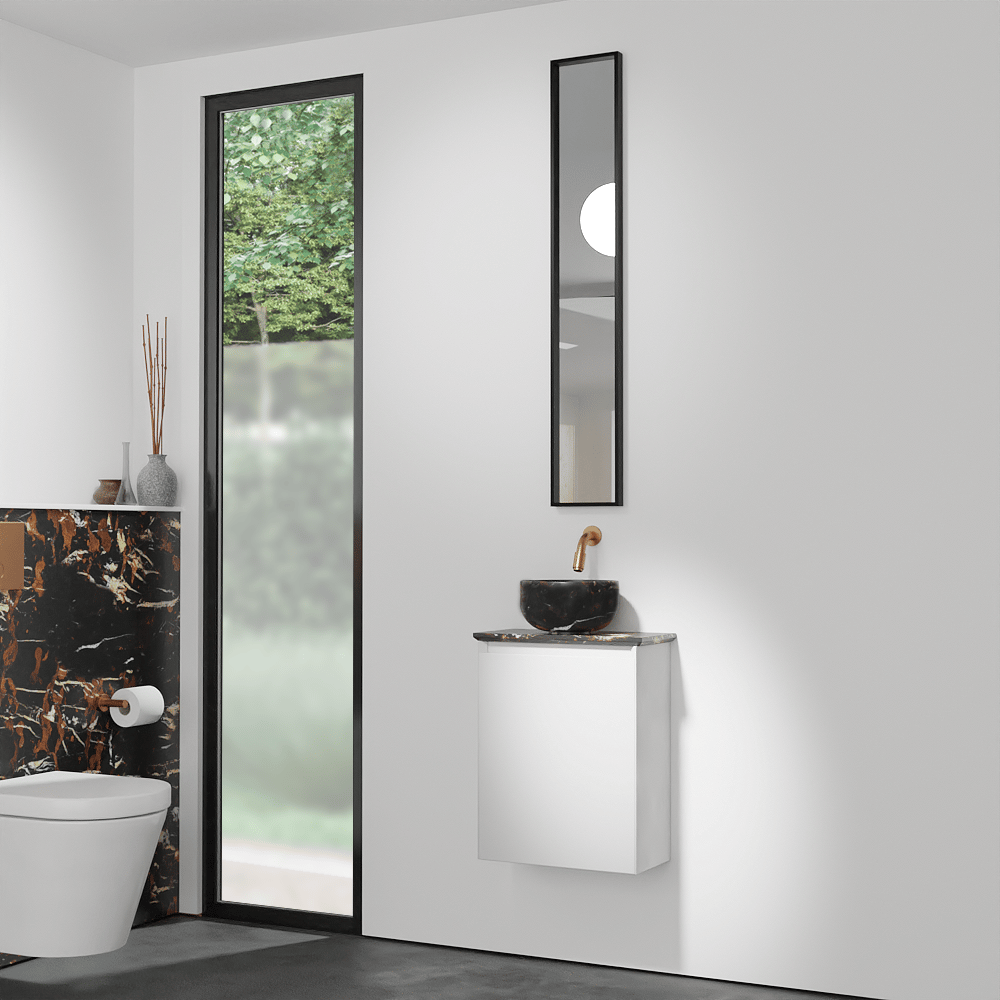 Balmani Mitra meuble wc suspendu 42 x 21 cm blanc mat avec Facetta tablette et Bowl vaque à poser en marbre Portoro Gold