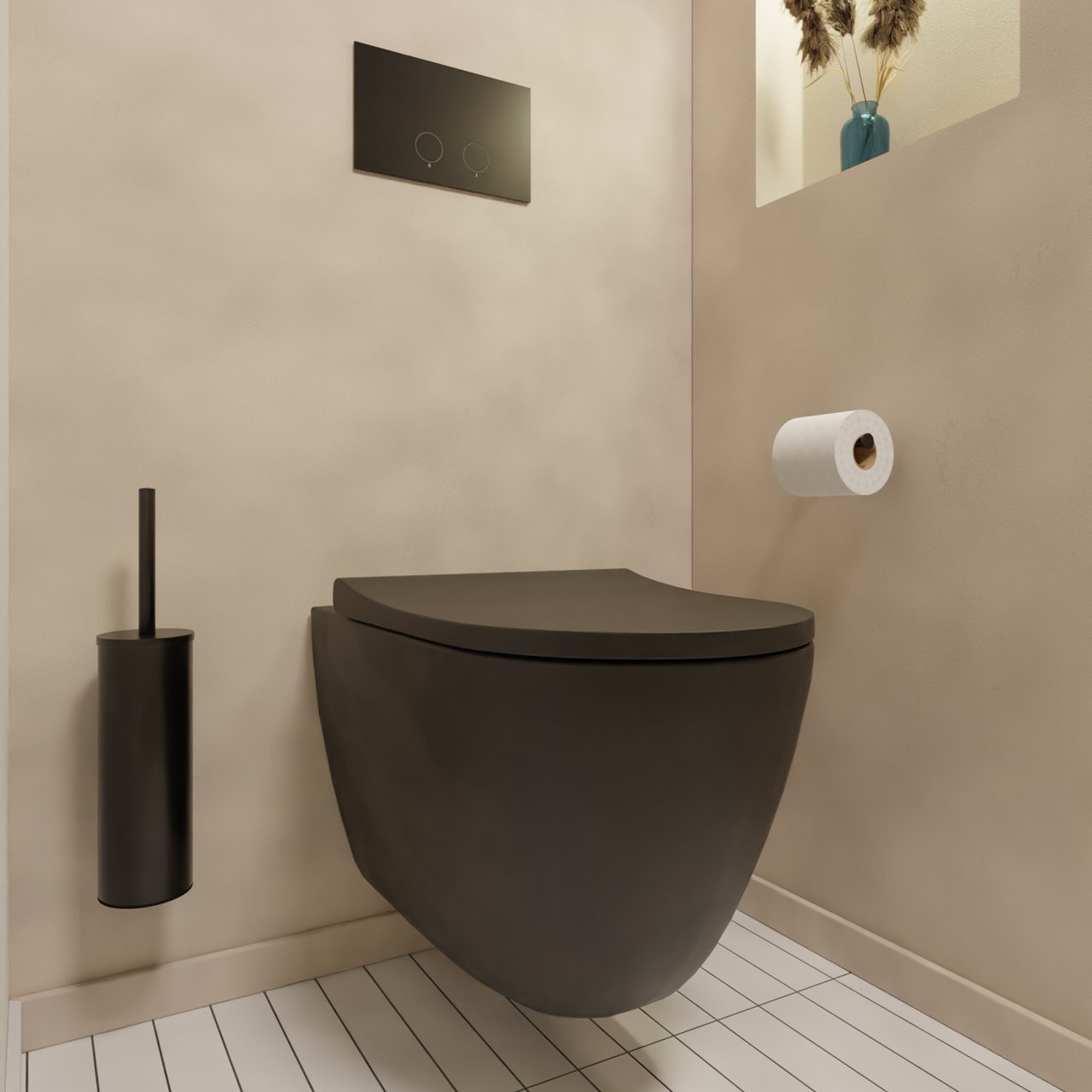 Luca Varess Vinto wc suspendu noir mat bride de rinçage ultra-fine avec abattant fin et avec Geberit Sigma réservoir de chasse encastré UP320 avec cadre Burda et plaque de commande