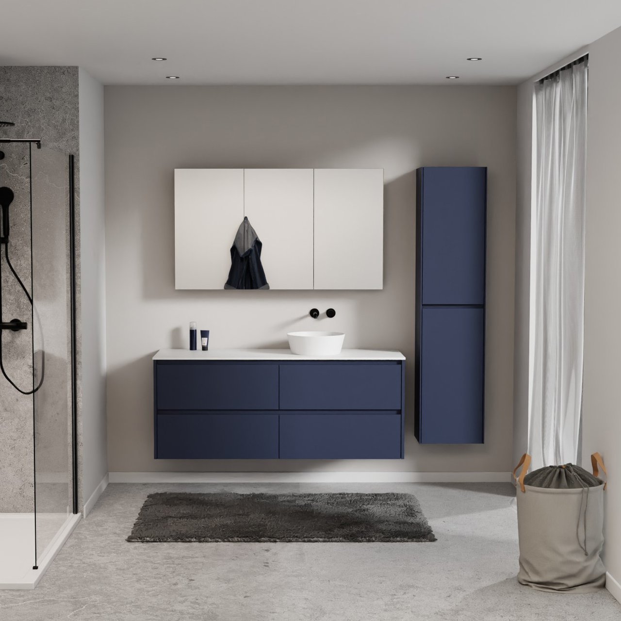 Storke Seda meuble salle de bains suspendu 150 x 52 cm bleu nuit avec Tavola tablette simple ou double en solid surface blanc mat