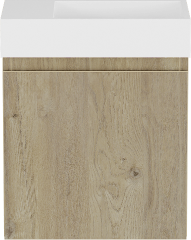 Storke Square zwevend toiletmeubel 40 x 22 cm Ruwe eik met Fada wastafel in mat witte Solid Surface