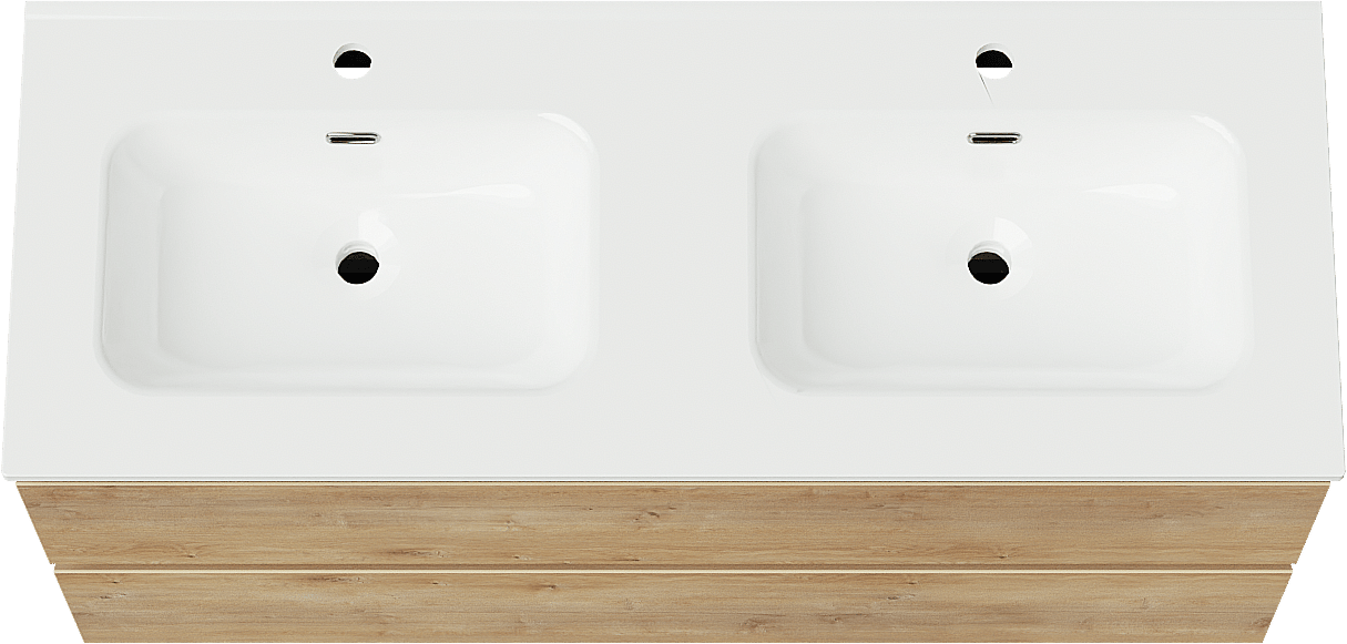 Linie Lado meuble salle de bains suspendu 120 x 46 cm chêne naturel avec Baro double vasque en porcelaine blanc brillant