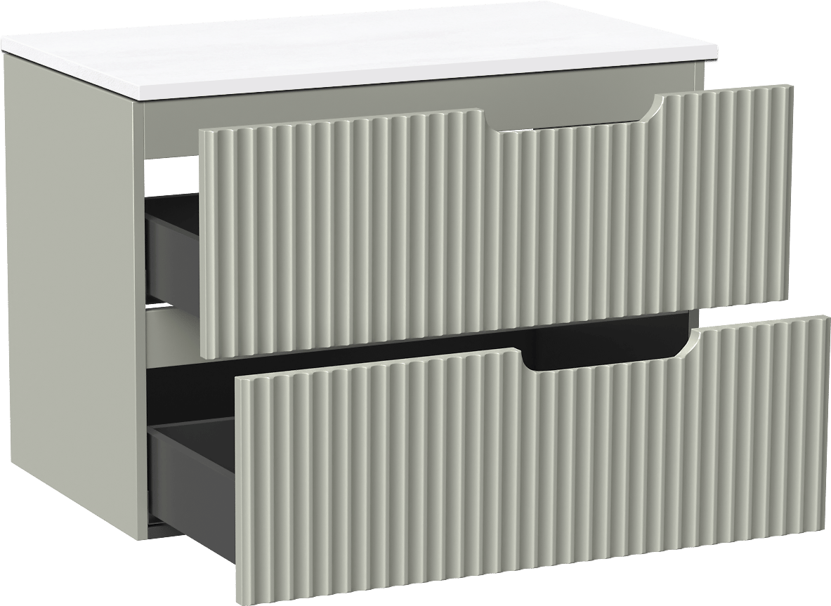 Linie Ribbo zwevend badkamermeubel 80 x 46 cm greige met Lado enkel tablet in composietmarmer glanzend wit, Verticale symmetrische ronde ribbel