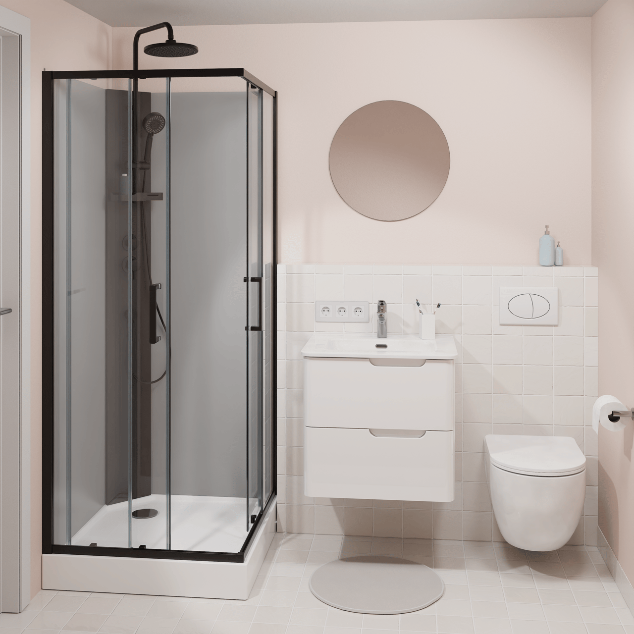 Linie Salta douchecabine met schuifdeuren 80 x 80 cm helder glas zwart profiel met kraan
