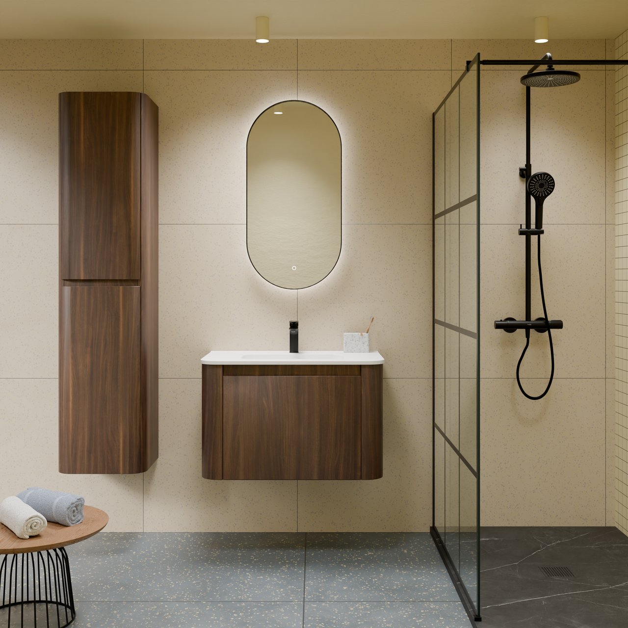 Storke Soft meuble salle de bains suspendu 80 x 46 cm noyer avec Kera Soft plan simple en porcelaine blanc mat