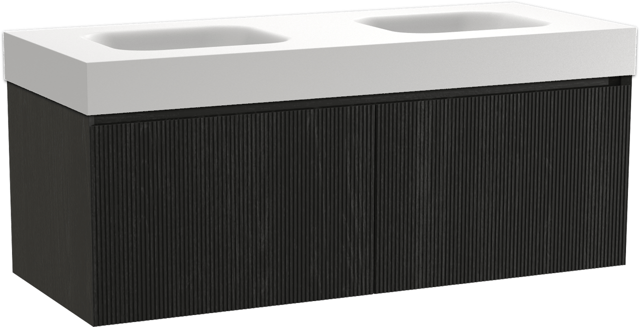 Balmani Fila by Mitra zwevend badmeubel 135 x 55 cm zwart eiken met Arcato dubbele wastafel in solid surface mat wit, Verticale symmetrische rechte ribbel