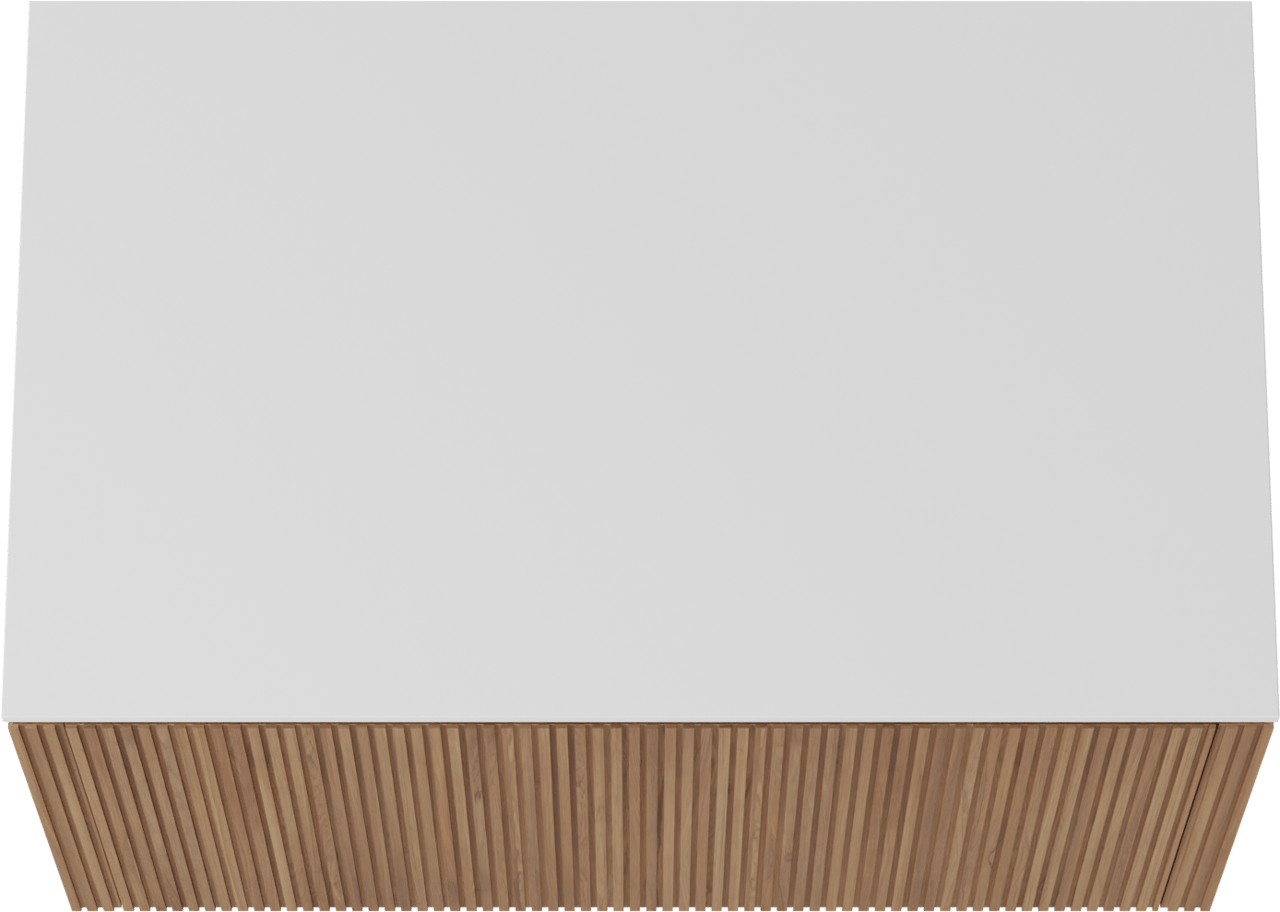 Balmani Eclips meuble salle de bains suspendu 90 x 55 cm Teck avec Stretto tablette simple en Solid Surface blanc mat, Nervure droite symétrique verticale