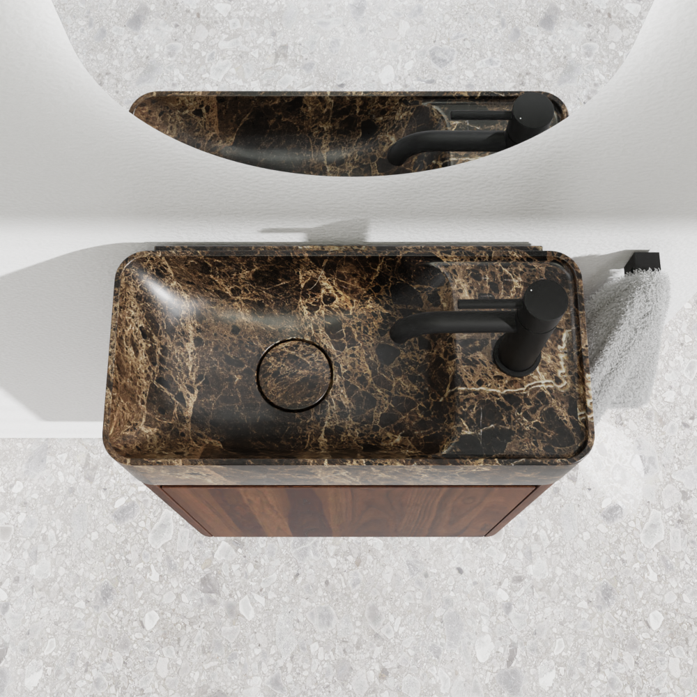 Balmani Fara meuble wc suspendu 45 x 22 cm noyer américain avec Fara plan vasque en marbre Dark Emperador