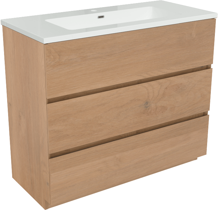 Storke Edge staand badkamermeubel 100 x 46 cm ruwe eik met Diva enkele wastafel in composietmarmer glanzend wit