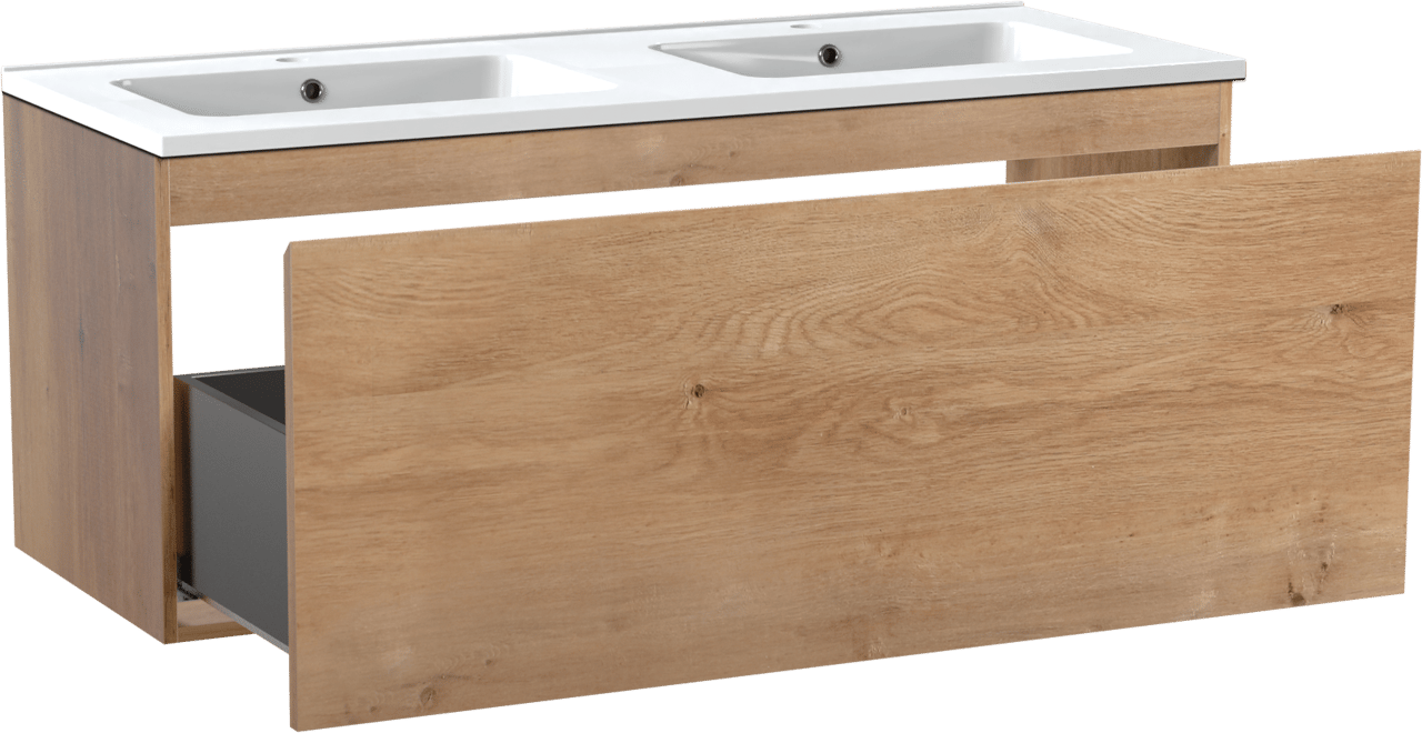 Linie Lado meuble salle de bains suspendu 120 x 46 cm chêne naturel avec Vano double vasque en marbre composite blanc brillant